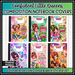 May include: Six composition notebook covers featuring illustrations of young characters with various themes including sunflowers, frogs, watermelons, stars, and pumpkins. Each cover includes a white label for name and subject, with colorful backgrounds and text.