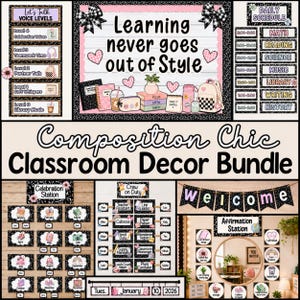 May include: A classroom decor bundle featuring black and white composition notebook patterns, pink accents, and school-themed graphics. Includes posters for voice levels, daily schedules, birthday displays, job charts, and a welcome banner.