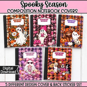 May include: Five composition notebook covers featuring Spooky Season designs. The covers display ghosts, pumpkins, a highland cow, and dogs in plaid patterns with autumn colors. Each cover includes a white label with the text Composition Notebook.