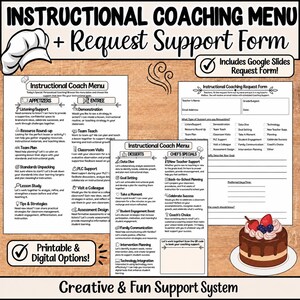 May include: An instructional coaching menu and request support form set featuring a chef hat icon, a chocolate cake illustration, and text headers including Appetizers, Entree, Desserts, and Chef's Specials. The documents include checkboxes for teacher support options and digital integration.