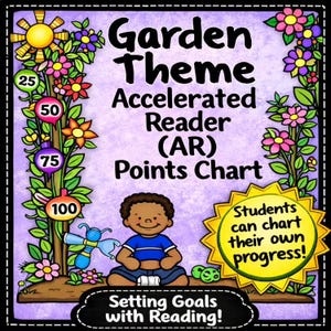 Może przedstawiać: Wykres punktowy Accelerated Reader z motywem ogrodowym, fioletowym tłem, rysunkowym dzieckiem i kwiatowymi pnączami. Tekst brzmi Garden Theme Accelerated Reader (AR) Points Chart, Students can chart their own progress!, oraz Setting Goals with Reading!