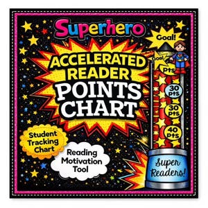 Może przedstawiać: Czarny plakat z gwieździstym tłem zawierający napis Superhero Accelerated Reader Points Chart. Zawiera czerwoną pionową kolumnę z żółtymi gwiazdkami, oznaczeniami punktów, rysunkowym superbohaterem i napisem Super Readers.