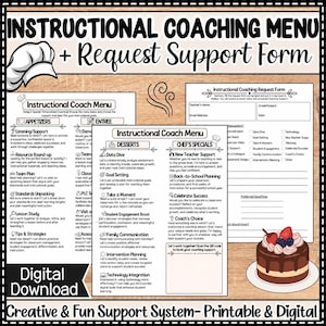 Può includere: Un set di download digitale composto da un menu di coaching didattico e un modulo di richiesta di supporto. I documenti presentano sezioni intitolate Appetizers, Entree, Desserts e Chef's Specials, con un'illustrazione di una torta.