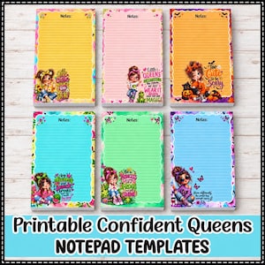 May include: Six rectangular notepads with lined paper and colorful borders. Each notepad features a unique cartoon character illustration and text, including phrases like Too cute to be scary, Little Queens, and Big dreams and snack breaks.