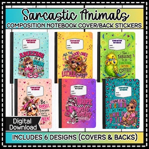 Puede incluir: Seis pegatinas rectangulares para portadas y contraportadas de cuadernos con ilustraciones de animales sarcásticos y texto. Los diseños incluyen un gato, una vaca highland, un periquito, una jirafa, un mapache y un perezoso con patrones.