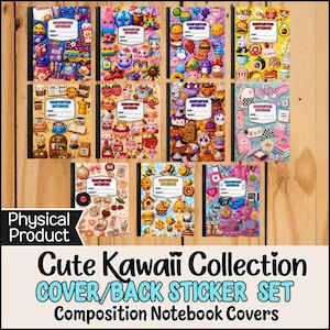 May include: A collection of eleven composition notebook covers featuring various colorful patterns including food, animals, and retro items. Each rectangular cover has a central white label with the printed text Composition Notebook, Name, and Subject.