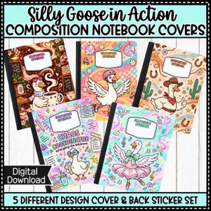 Può includere: Cinque copertine per quaderni con illustrazioni di oche. I disegni includono un'oca in una caffetteria, un'oca sui pattini, un'oca cowboy, un'oca coordinatrice del caos e un'oca ballerina. Ogni copertina ha un'etichetta bianca per il testo.