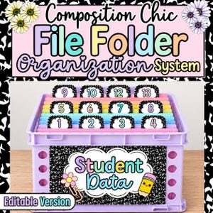 May include: A light purple plastic crate containing pastel-colored hanging file folders with black and white speckled labels numbered 1 through 13. The front of the crate features a label with the text Student Data and a pencil illustration.