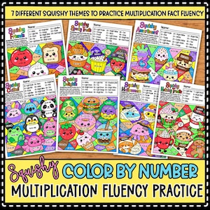 May include: A collection of seven educational color-by-number multiplication worksheets featuring cartoon characters and food items. Each page includes a color key and math problems to solve. The text reads 7 DIFFERENT SQUISHY THEMES TO PRACTICE MULTIPLICATION FACT FLUENCY and SQUISHY COLOR BY NUMBER MULTIPLICATION FLUENCY PRACTICE.