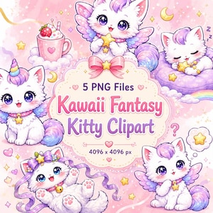 Kawaii Fantasy Kitty Clipart-paket | Pastellfärgade bevingade katter (digital nedladdning)