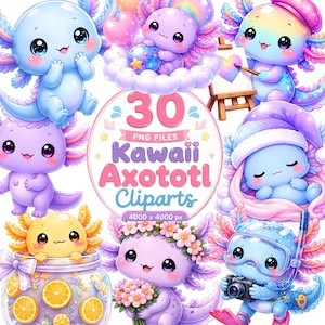 Kawaii Axolotl Clipart | Havsdjur | Transparent bakgrund | 30 PNG-filer (digital nedladdning)