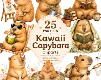 Kawaii Capybara Cliparts | 25 PNG Files (Digital Download)
