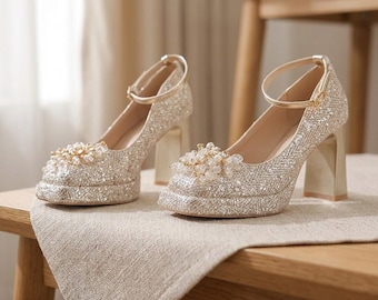 Champagne gouden pailletten trouwschoenen vierkante neus dikke hak bruids hakken sprankelende mary janes met bloem kristal voor feestavond bal