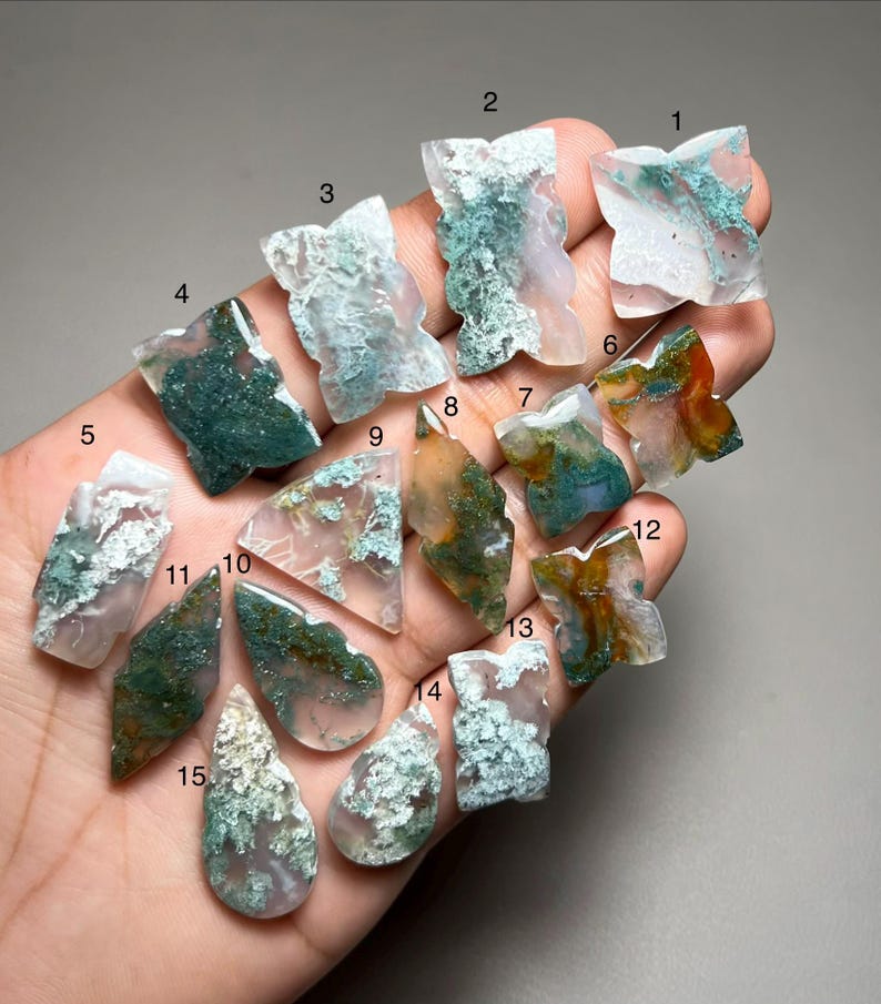 May include: A collection of fifteen polished moss agate gemstones in various shapes, including butterfly and teardrop forms, featuring translucent white, green, and orange inclusions. Each stone is numbered from 1 to 15 for identification.