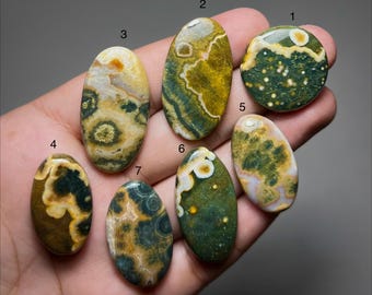 May include: Seven polished ocean jasper cabochons labelled A 61, numbered 1 through 7. These stones feature organic patterns in shades of forest green, mustard yellow, cream, and white, with circular orbicular inclusions and swirling mineral veins.