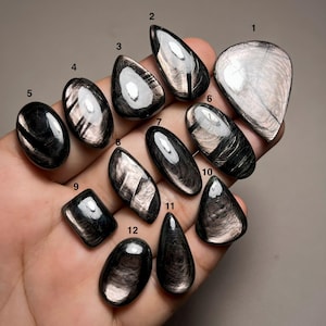 Puede incluir: Doce cabujones de obsidiana pulida numerados del 1 al 12, con una base negra y patrones de brillo plateado o gris metálico. Cada piedra tiene una superficie lisa y redondeada con formas variadas que incluyen gota, óvalo y rectángulo.