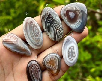May include: Seven polished, smooth, banded agate gemstones of various shapes and sizes, numbered one through seven. Each stone features distinct, concentric, layered patterns in shades of brown, grey, white, and translucent tan, with a glossy finish.