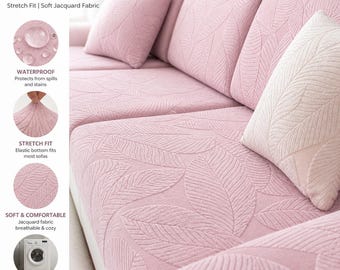 Waterproof Stretch Jacquard Sofa Cushion Cover, Modern Leaf Pattern Slipcover