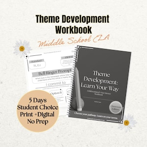 Op de afbeelding: Een spiraalgebonden werkboek voor themaontwikkeling voor de middelbare school. De zwarte omslag heeft witte tekst met Theme Development: Learn Your Way. Een ronde badge vermeldt Classroom Edition. Een beige cirkel benadrukt 5 Days Student Choice.