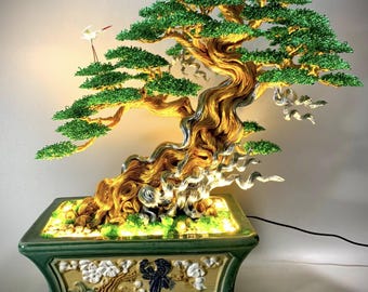 Handgefertigter Bonsai-Baum mit LED-Licht, großes Statement-Dekor, spirituelle Wohnkultur, einzigartiges Sammlerstück, 20 Zoll groß