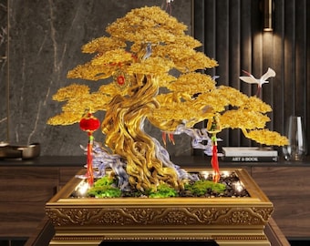 Golden Bonsai Tree Decor, Japanese Zen Desk Plant, Luxury Office Accent