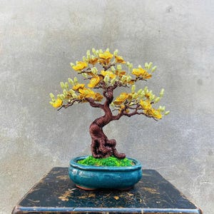 Handmade Golden Bonsai Tree Decor, Japanese Zen Desk Sculpture, Mini Wire Bonsai Gift, Office Decor