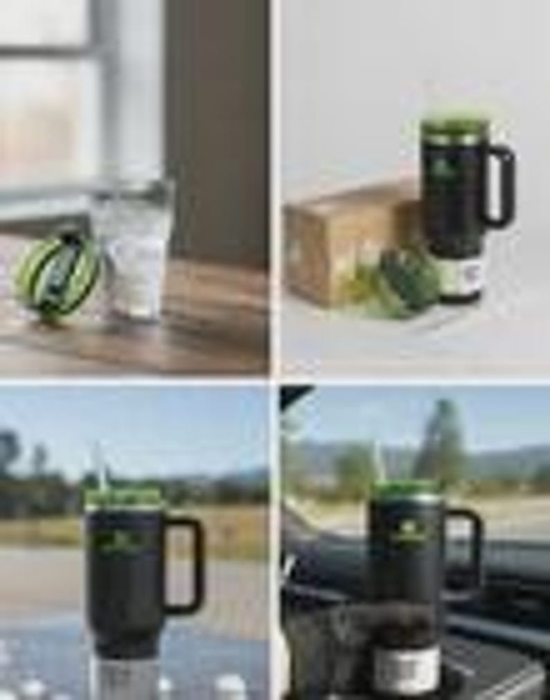 May include: A black travel mug with a green lid and handle. The mug has a white base and a logo. A green and black collapsible water bottle and a glass are also visible. The mug is designed to fit in a car cup holder.