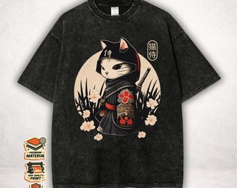 Samurai Cat Shirt, Neko Samurai Washed Anime Tee, Japanese Cat Warrior Vintage Bootleg Streetwear, Cat Lover Gift