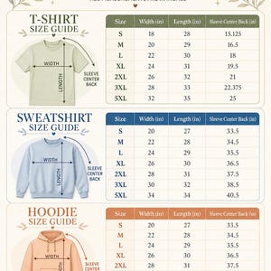 Op de afbeelding: Een maattabel voor t-shirts, sweatshirts en hoodies, met afmetingen in inches. De gids bevat breedte-, lengte- en mouwcentrum-achtermetingen voor verschillende maten, van small tot 5XL. De tekst "SIZE GUIDE" staat bovenaan.