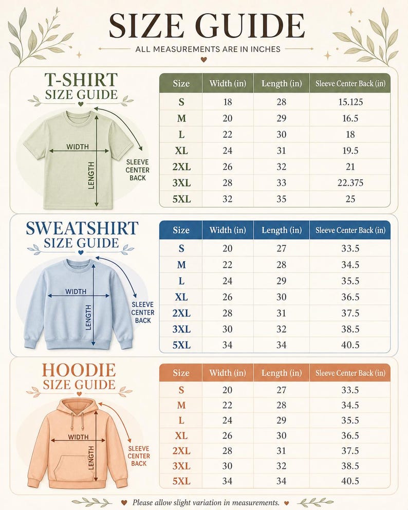 Op de afbeelding: Een maattabel voor t-shirts, sweatshirts en hoodies, met afmetingen in inches. De gids bevat breedte-, lengte- en mouwcentrum-achtermetingen voor verschillende maten, van small tot 5XL. De tekst "SIZE GUIDE" staat bovenaan.