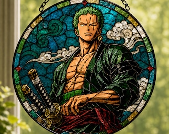 Zoro Stained Glass Suncatcher, One Piece Anime Glass Decor, Round Sword Window Hanging, Gift for Anime Fans