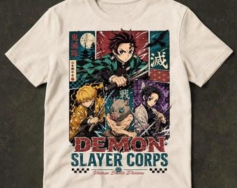 Demon Slayer Corps Shirt, Tanjiro Zenitsu Inosuke Shinobu Vintage Battle Division Anime Tee, Kimetsu Manga Fan Gift