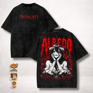 May include: A black acid-wash t-shirt featuring the red text OVERLORD on the front. The back displays a large graphic of the character Albedo with red gothic lettering above, surrounded by intricate red floral and dark architectural elements.