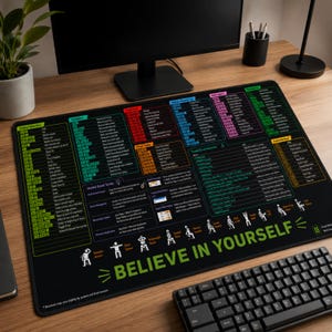 May include: A black rectangular desk mat featuring a comprehensive guide to Excel keyboard shortcuts, formulas, and navigation tips organized in color-coded sections. The bottom includes stick figure illustrations and the text BELIEVE IN YOURSELF.