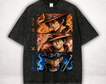 OP Anime Shirt, Luffy Ace Sabo Graphic Tee, Vintage Washed Black Streetwear T-Shirt, Manga Fire Brothers Design, Anime Gift for Fans