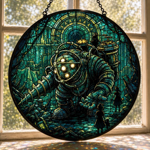 Big Daddy Stained Glass Suncatcher, BioShock Game Room Glass Decor, Round Rapture Window Hanging, Gift for Gamers