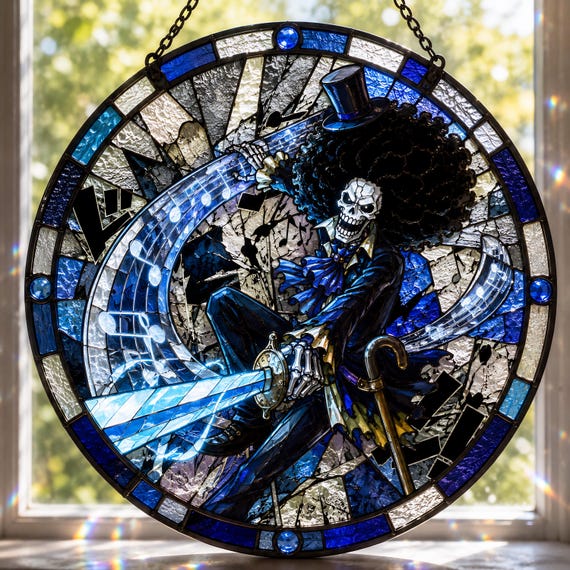 Brook Stained Glass Suncatcher, One Piece Anime Glass Decor, Round Skull Music Window Hanging, Gift for Manga Fans
