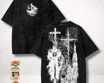 Gothic Knight Cathedral Shirt, Holy Cross Crusader Washed Tee, Dark Fantasy Vintage Medieval Streetwear Gift