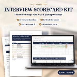 Könnte beinhalten: Ein Interview-Scorecard-Kit mit strukturierten Einstellungsformularen und einer Excel-Bewertungsarbeitsmappe. Das Kit enthält 21 Interviewfragen, Kandidaten-Scorecards, eine automatisierte Excel-Tabelle sowie bearbeitbare Word- und PDF-Dokumente.