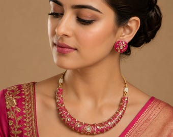 Collana girocollo Kundan rosa acceso per donna, gioiello tradizionale indiano, da sposa, gioiello etnico per matrimonio