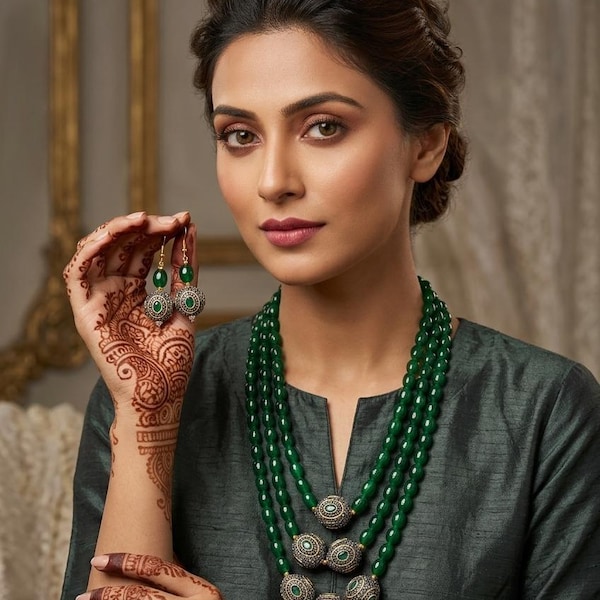 Emerald Green Beaded Necklace , Traditional Indian Jewelry, Ethnic Statement Necklace with Earrings,