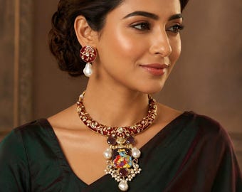 Conjunto de colar Royal Meenakari com brincos de pérola, joias indianas para casamento, gargantilha de designer.