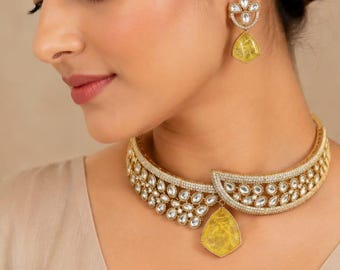 Yellow Stone Kundan Choker Necklace , Indian Bridal Jewelry, , Traditional Wedding Jewelry