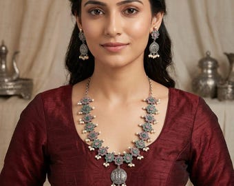 Oxidized Silver | Floral Statement Necklace Earrings | Indian Ethnic | Pearl Tribal Necklace | Festive Wedding Jewelry