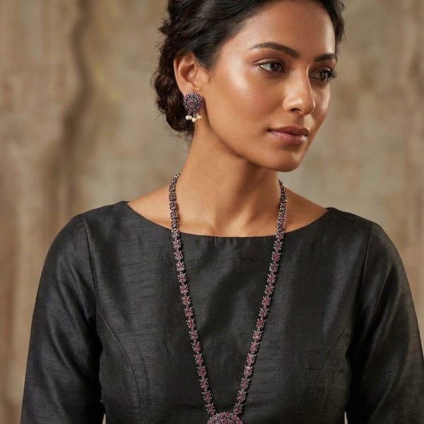 Victorian Ruby Pink Long Necklace , Antique Black Silver Jewelry, Indian Bridal Necklace,