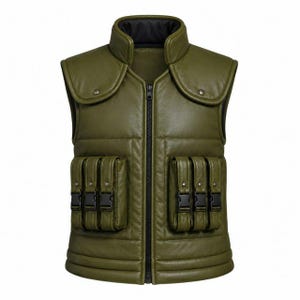 May include: An olive green sleeveless vest featuring a high collar, a central black zipper, and two large front pockets, each equipped with three smaller compartments secured by black plastic buckles and metal snap buttons.