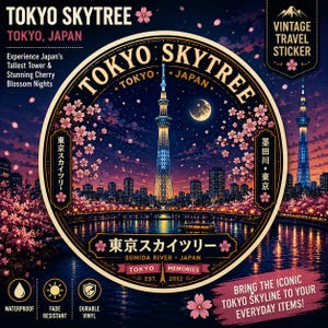 May include: A circular sticker featuring the Tokyo Skytree at night, illuminated against a dark sky with a crescent moon and pink cherry blossoms. The design includes text reading TOKYO SKYTREE, TOKYO, JAPAN, and SUMIDA RIVER, JAPAN.