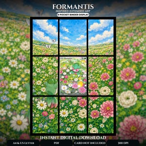 May include: A 9-pocket binder display featuring extended art of a Fomantis character in a vibrant flower field. The design includes text reading FORMANTIS INSPIRED EXTENDED ART 9-POCKET BINDER DISPLAY, INSTANT DIGITAL DOWNLOAD, A4 & US LETTER, PDF, and 300 DPI.