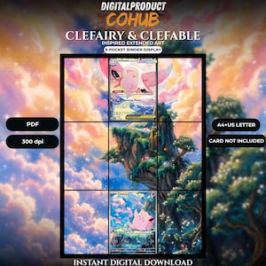May include: A digital product display featuring Clefairy and Clefable inspired extended art for a 9-pocket binder. The graphic includes text labels such as DIGITALPRODUCT COHUB, CLEFAIRY & CLEFABLE, PDF, 300 dpi, A4+US LETTER, and INSTANT DIGITAL DOWNLOAD.