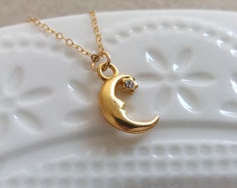 Gold Crescent Necklace. Gold Moon. Crystal Crescent Necklace. Small Gold Crescent Charm. Moon Star Necklace. Half Moon Necklace